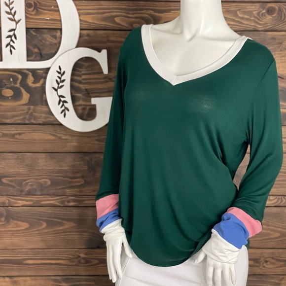 Fantastic Fawn Tops - Fantastic Fawn | Contrast Ribbed Knit Colorblock Striped Cuff V-Neck Tee